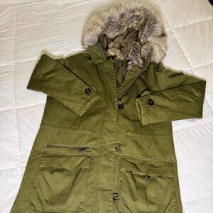 Topshop Premium Faux Fur Lined Parka Jacket Olive Green US 6